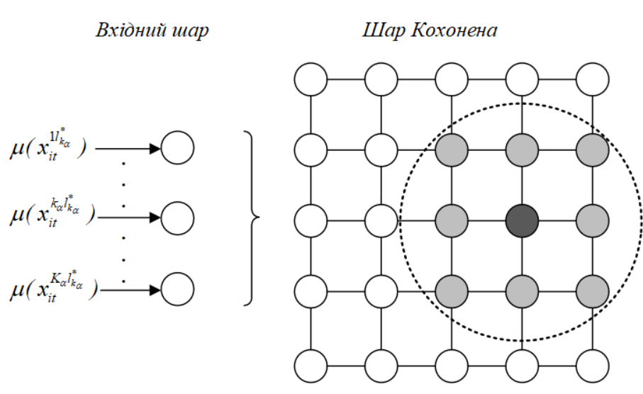 Спрощена структура карти самоорганізації Кохонена.